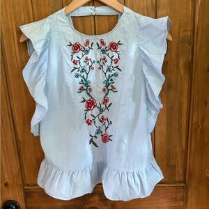 Zara Lightweight Cotton Floral Embroidered/Beaded Ruffle Top in Light Blue
